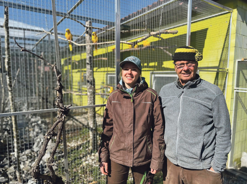 Noemi Appert und Rolf Lanz vor der Voliere der Goldsittiche, eine bedrohte Art, die aus Südamerika stammt, und im Rahmen des Artenschutzprogramms im Vogelpark gezüchtet wird.